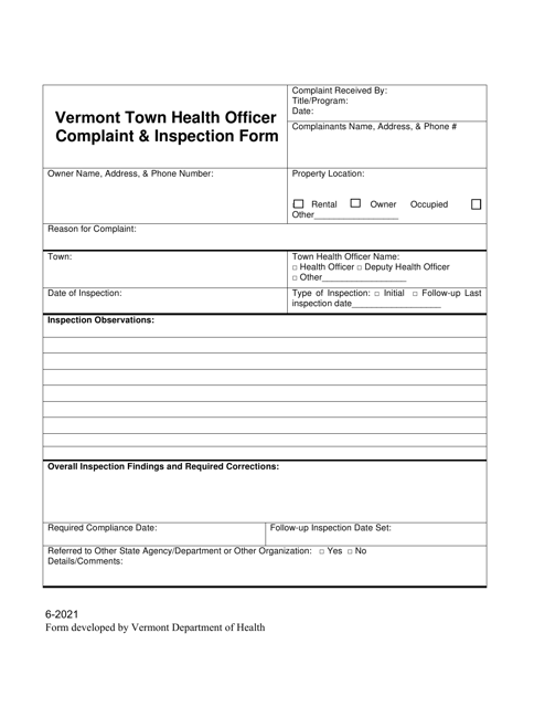 Vermont Town Health Officer Complaint & Inspection Form - Vermont Download Pdf