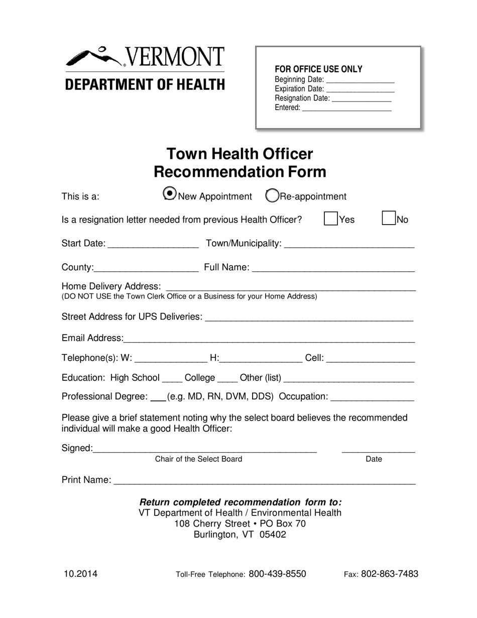 Town Health Officer Recommendation Form - Vermont, Page 1