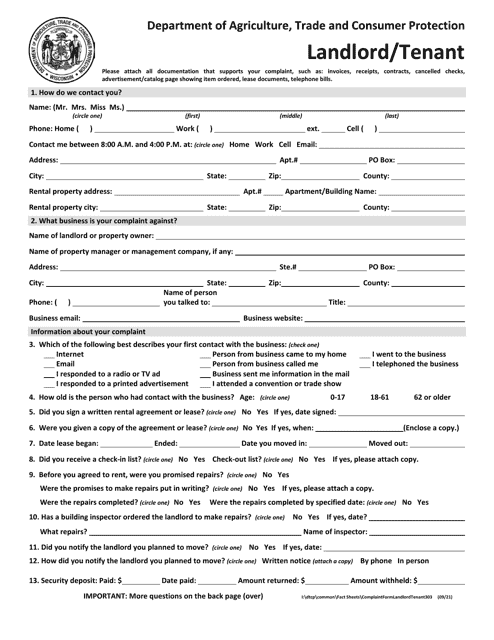 Landlord / Tenant Complaint - Wisconsin Download Pdf