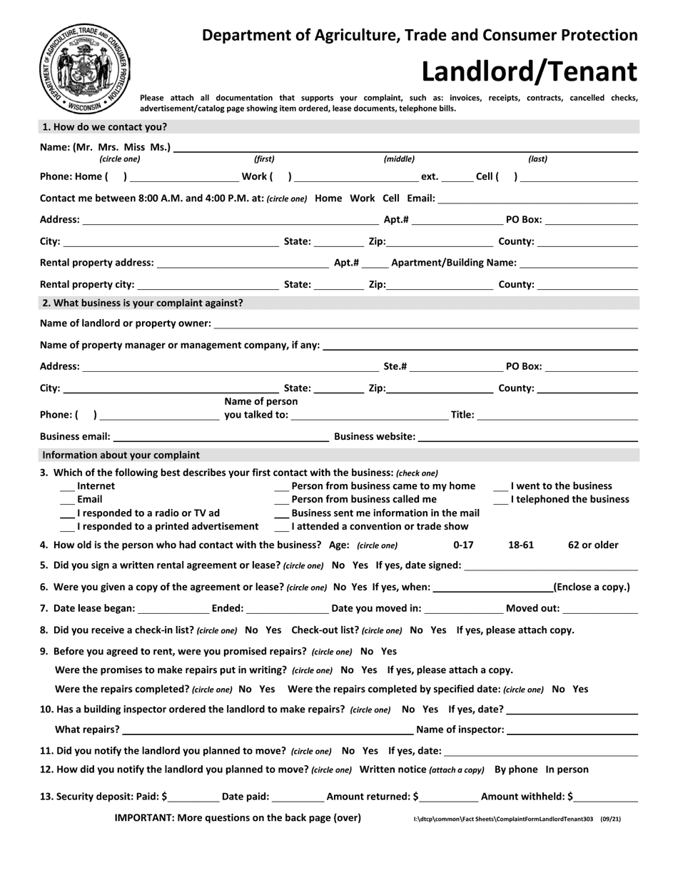 Landlord / Tenant Complaint - Wisconsin, Page 1