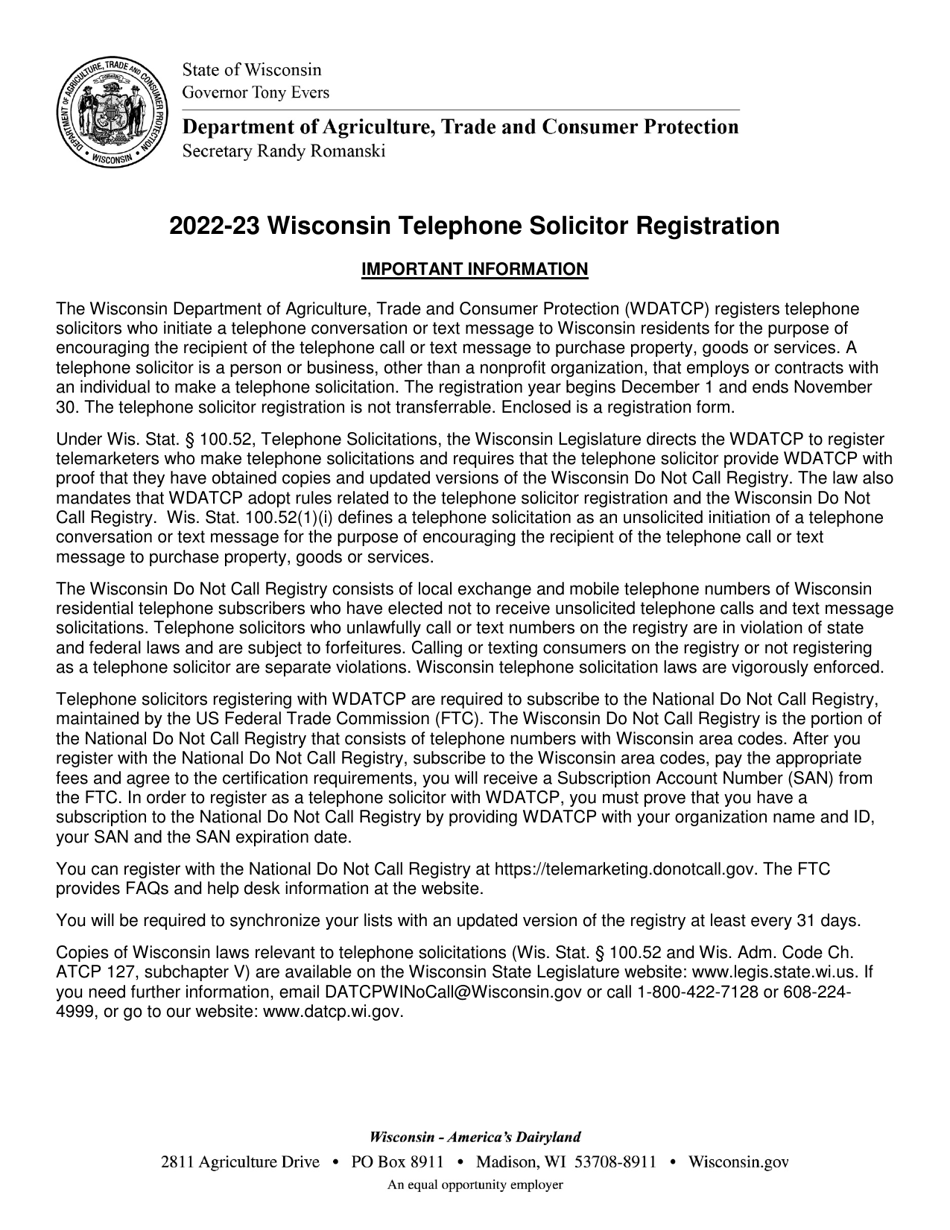 Telephone Solicitor Registration - Wisconsin, Page 1