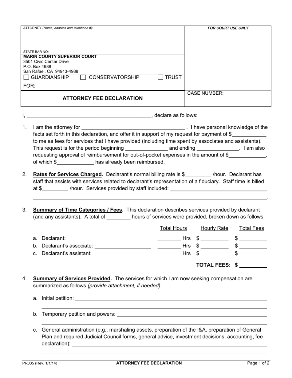Form PR035 Attorney Fee Declaration - County of Marin, California, Page 1