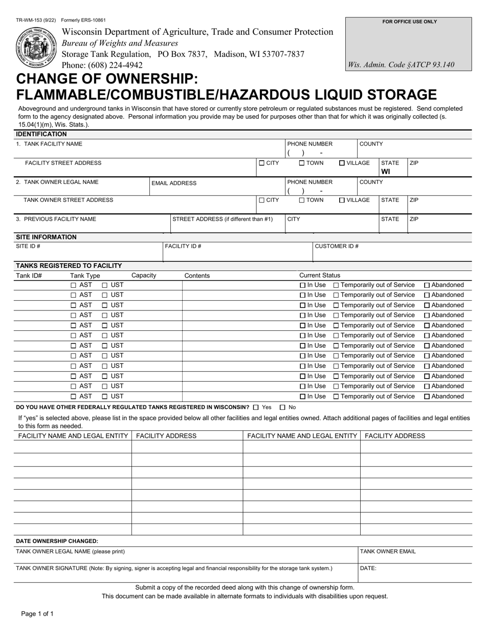 Form TR-WM-153 Change of Ownership: Flammable / Combustible / Hazardous Liquid Storage - Wisconsin, Page 1
