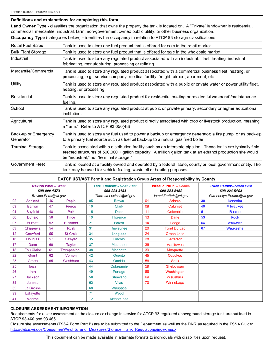 Form TR-WM-118 Aboveground Flammable / Combustible / Hazardous Liquid Storage Tank Registration - Wisconsin, Page 2