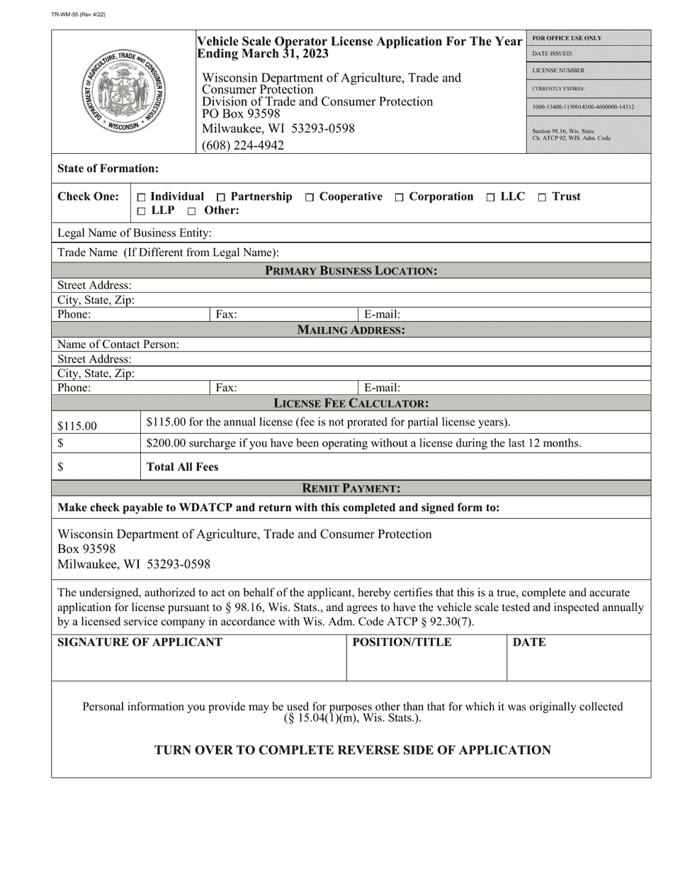 Form TR-WM-55 Vehicle Scale Operator License Application - Wisconsin, Page 1