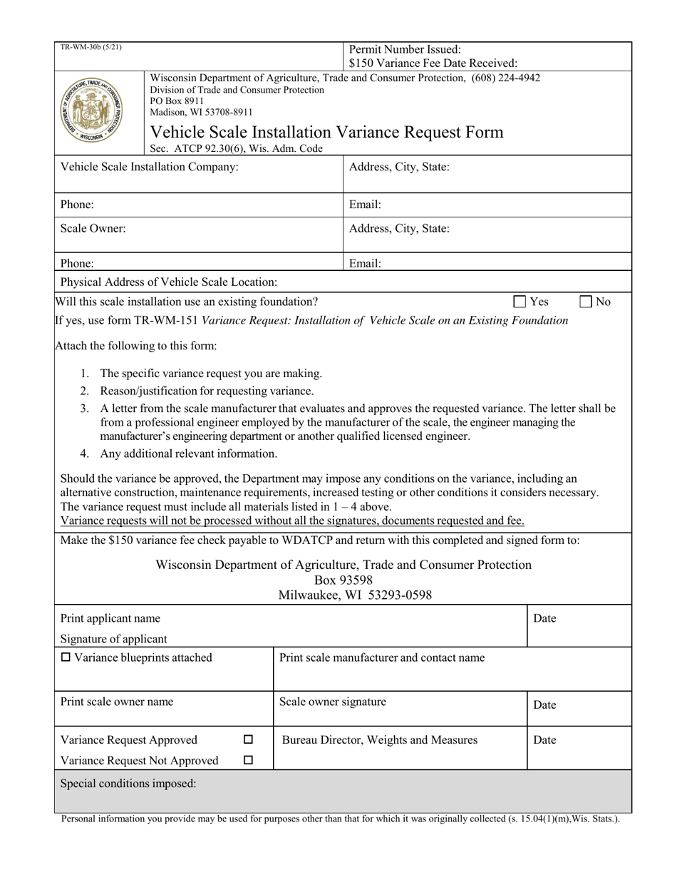 Form TR-WM-30B Vehicle Scale Installation Variance Request Form - Wisconsin, Page 1