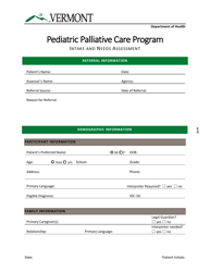 Document preview: Intake and Needs Assessment - Pediatric Palliative Care Program - Vermont
