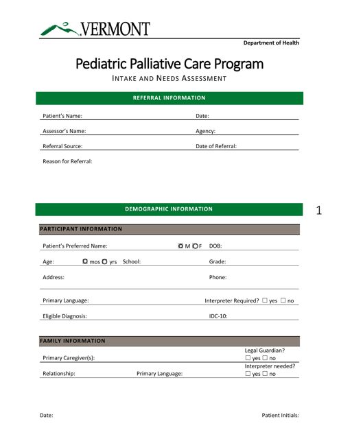 Intake and Needs Assessment - Pediatric Palliative Care Program - Vermont
