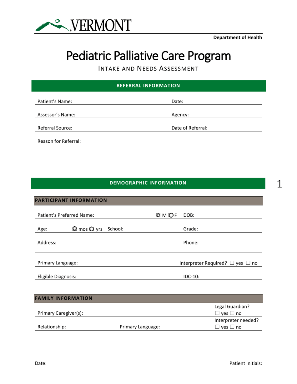 Intake and Needs Assessment - Pediatric Palliative Care Program - Vermont, Page 1