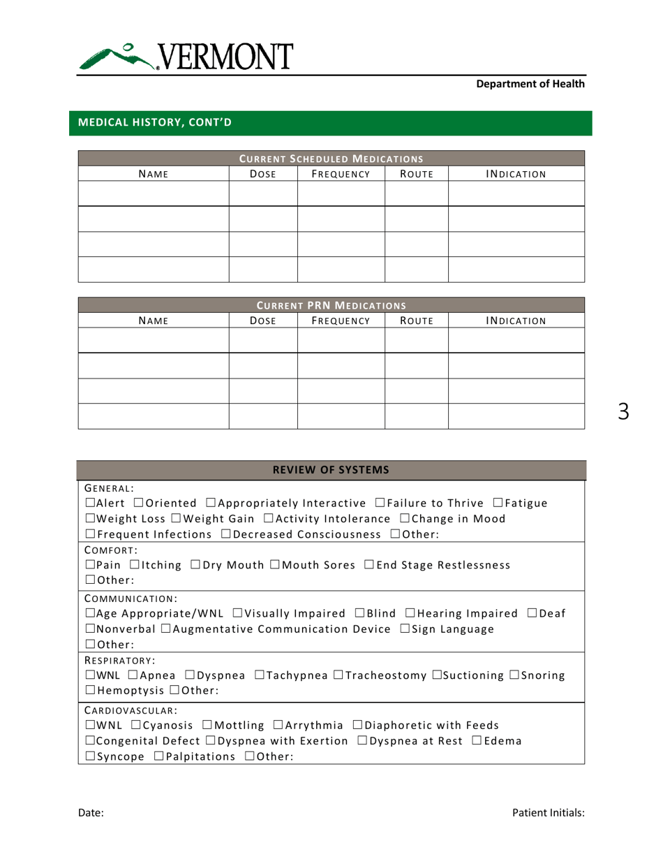 Intake and Needs Assessment - Pediatric Palliative Care Program - Vermont, Page 3
