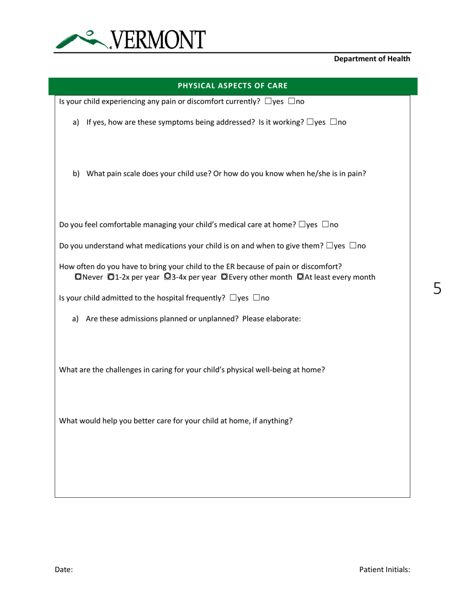 Intake and Needs Assessment - Pediatric Palliative Care Program - Vermont, Page 5
