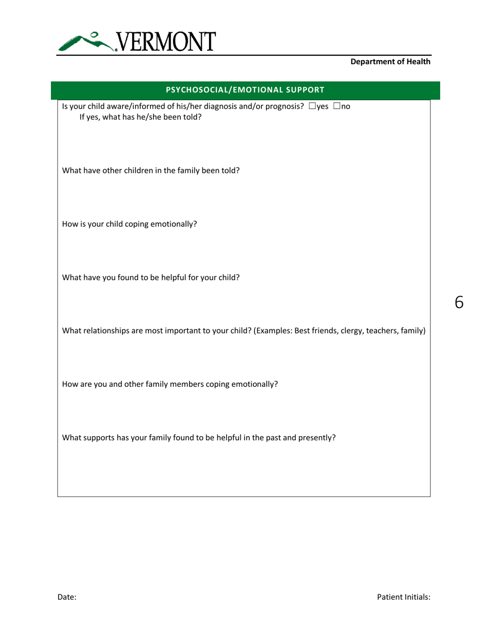 Intake and Needs Assessment - Pediatric Palliative Care Program - Vermont, Page 6