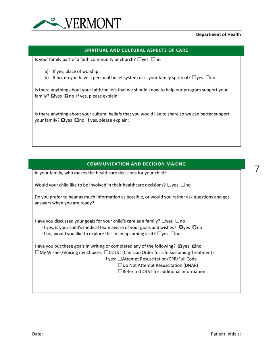 Intake and Needs Assessment - Pediatric Palliative Care Program - Vermont, Page 7