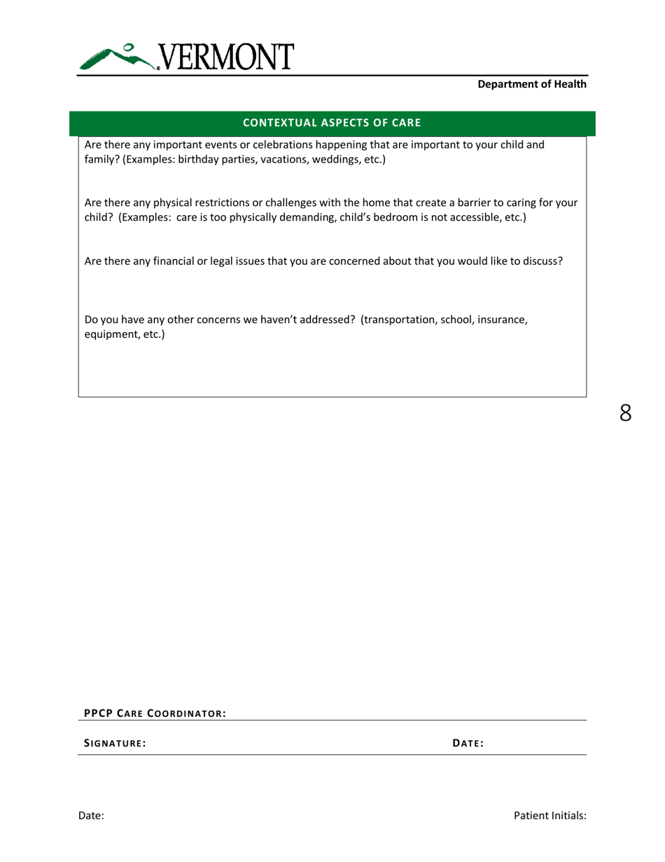 Intake and Needs Assessment - Pediatric Palliative Care Program - Vermont, Page 8