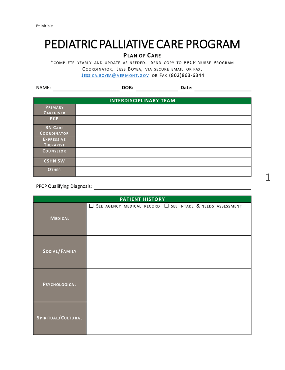 Plan of Care - Pediatric Palliative Care Program - Vermont, Page 1