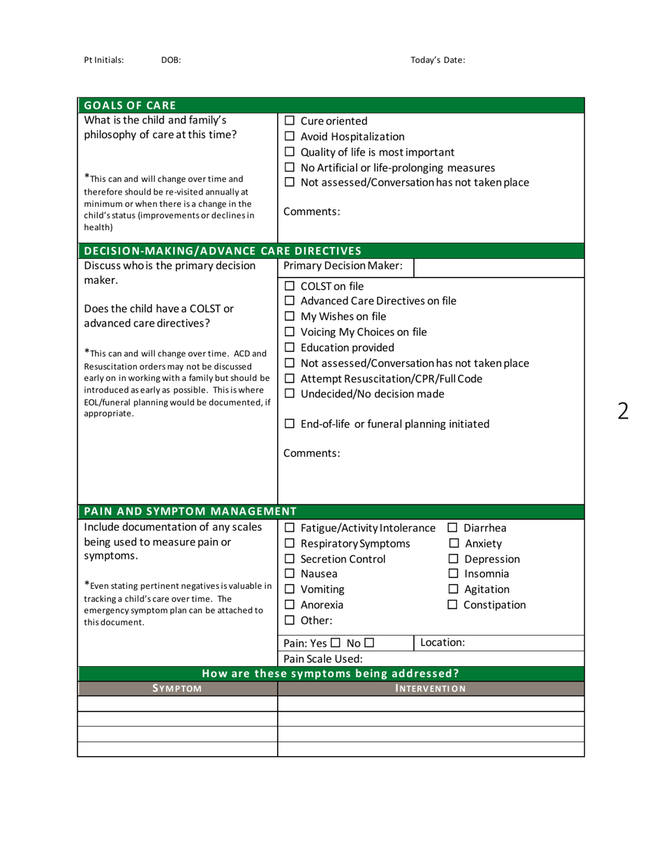Plan of Care - Pediatric Palliative Care Program - Vermont, Page 2