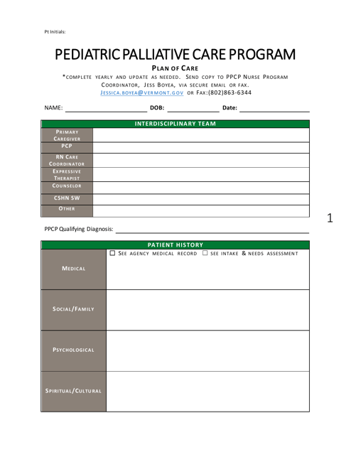 Plan of Care - Pediatric Palliative Care Program - Vermont Download Pdf