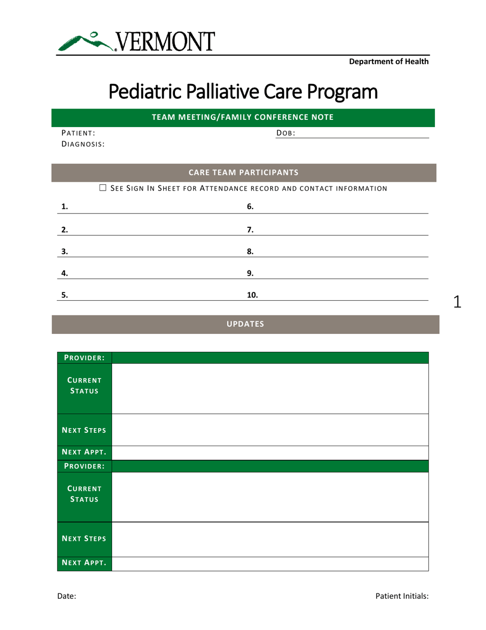Team Meeting / Family Conference Note - Pediatric Palliative Care Program - Vermont, Page 1