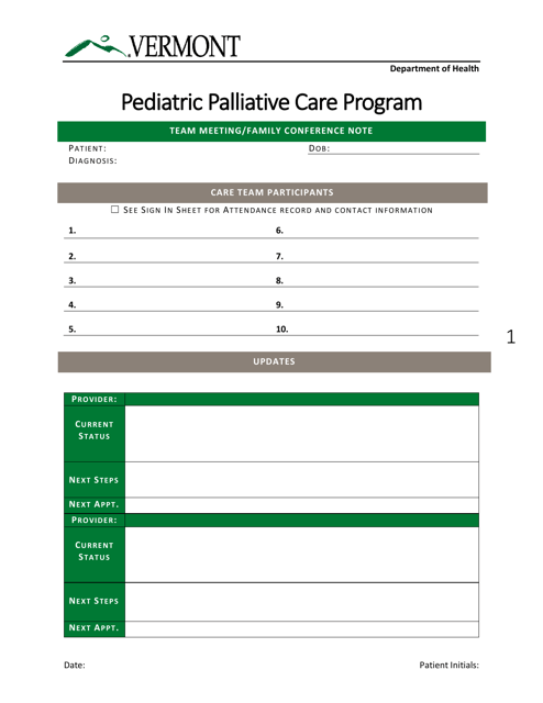 Team Meeting/Family Conference Note - Pediatric Palliative Care Program - Vermont