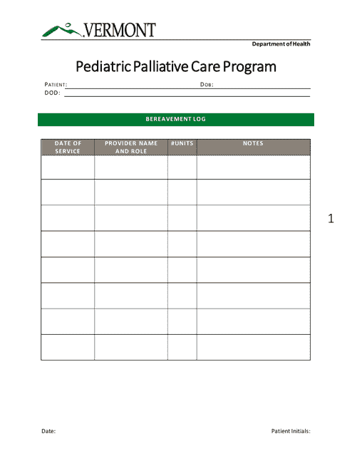 Bereavement Log - Pediatric Palliative Care Program - Vermont