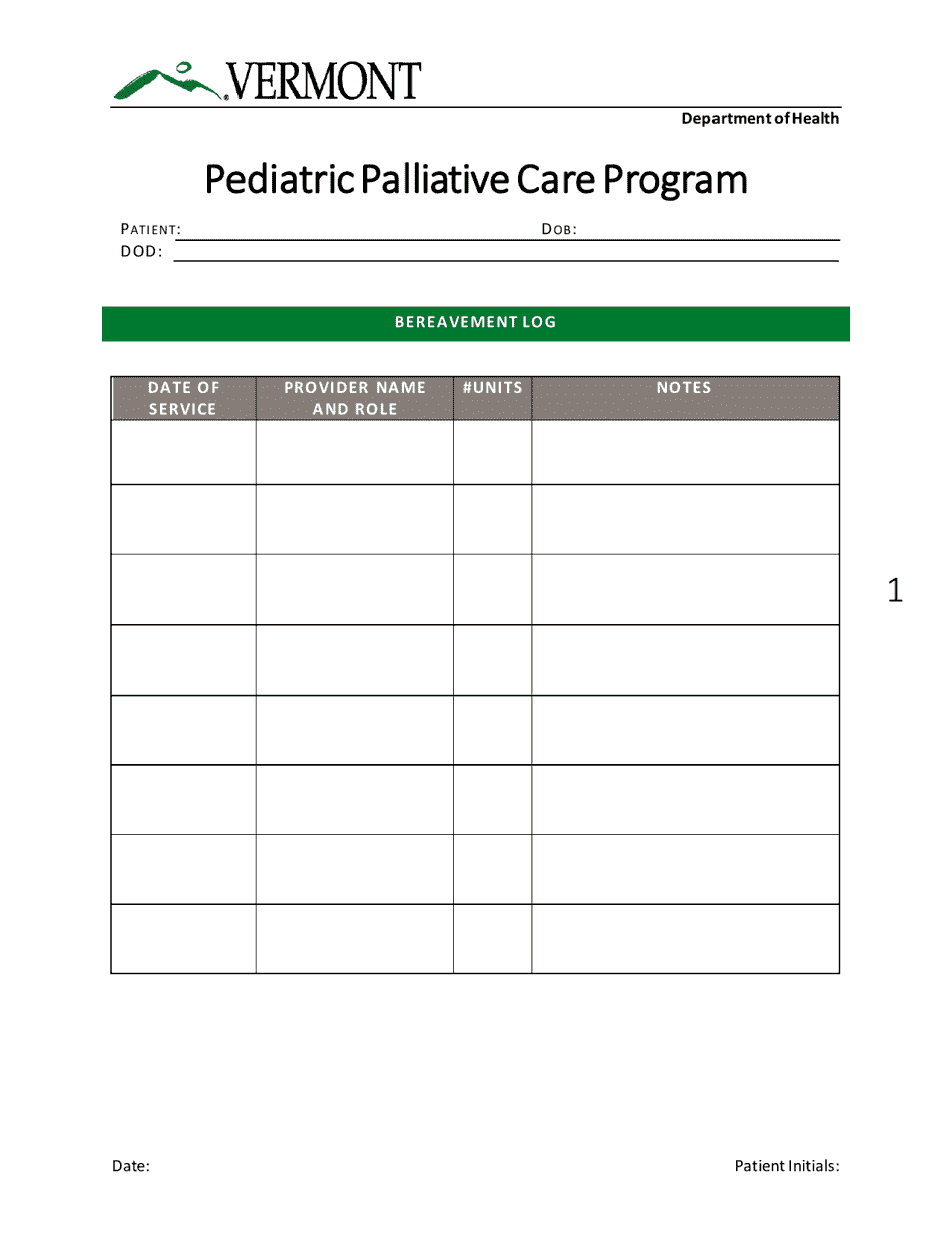 Bereavement Log - Pediatric Palliative Care Program - Vermont, Page 1
