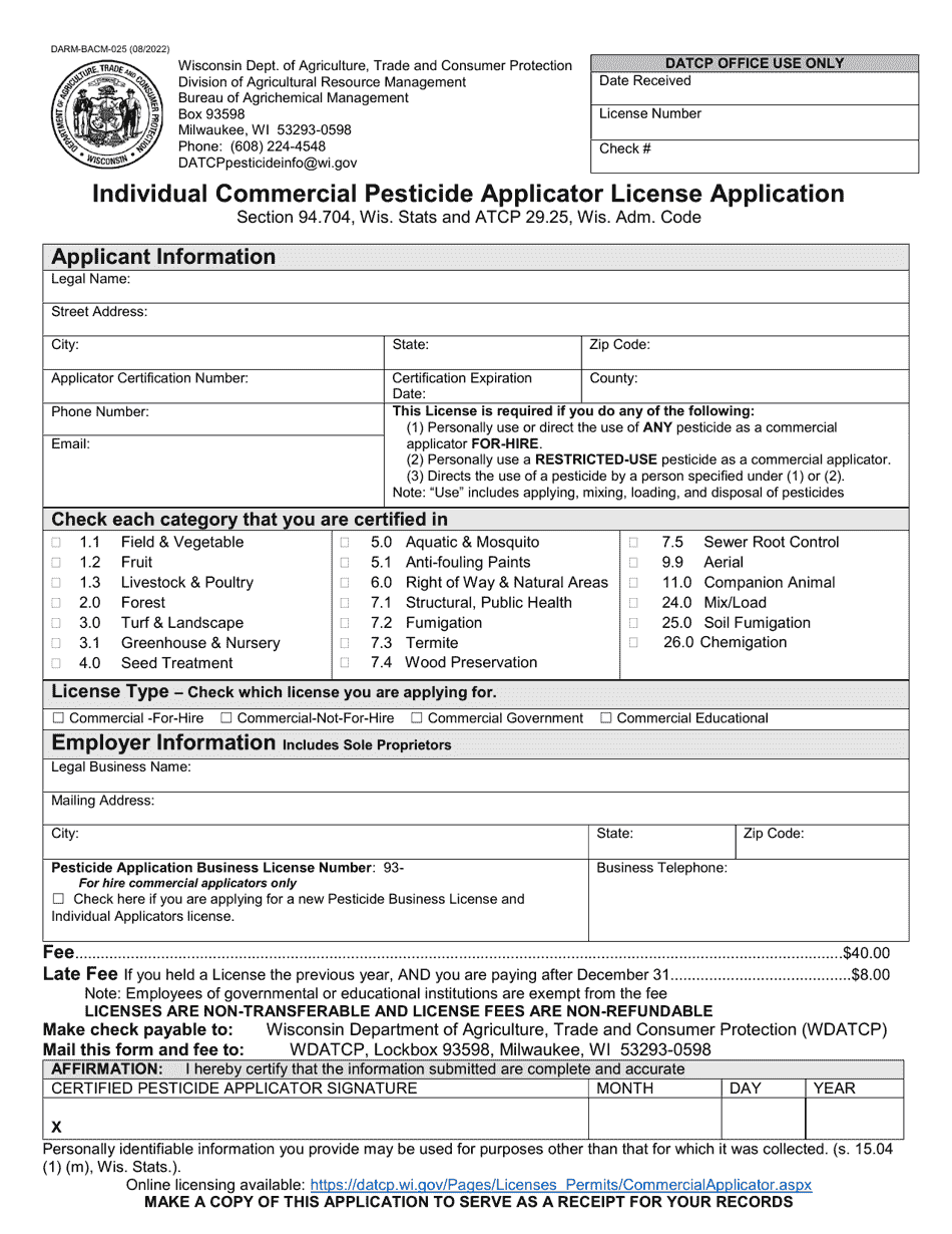 Form DARM-BACM-025 Individual Commercial Pesticide Applicator License Application - Wisconsin, Page 1