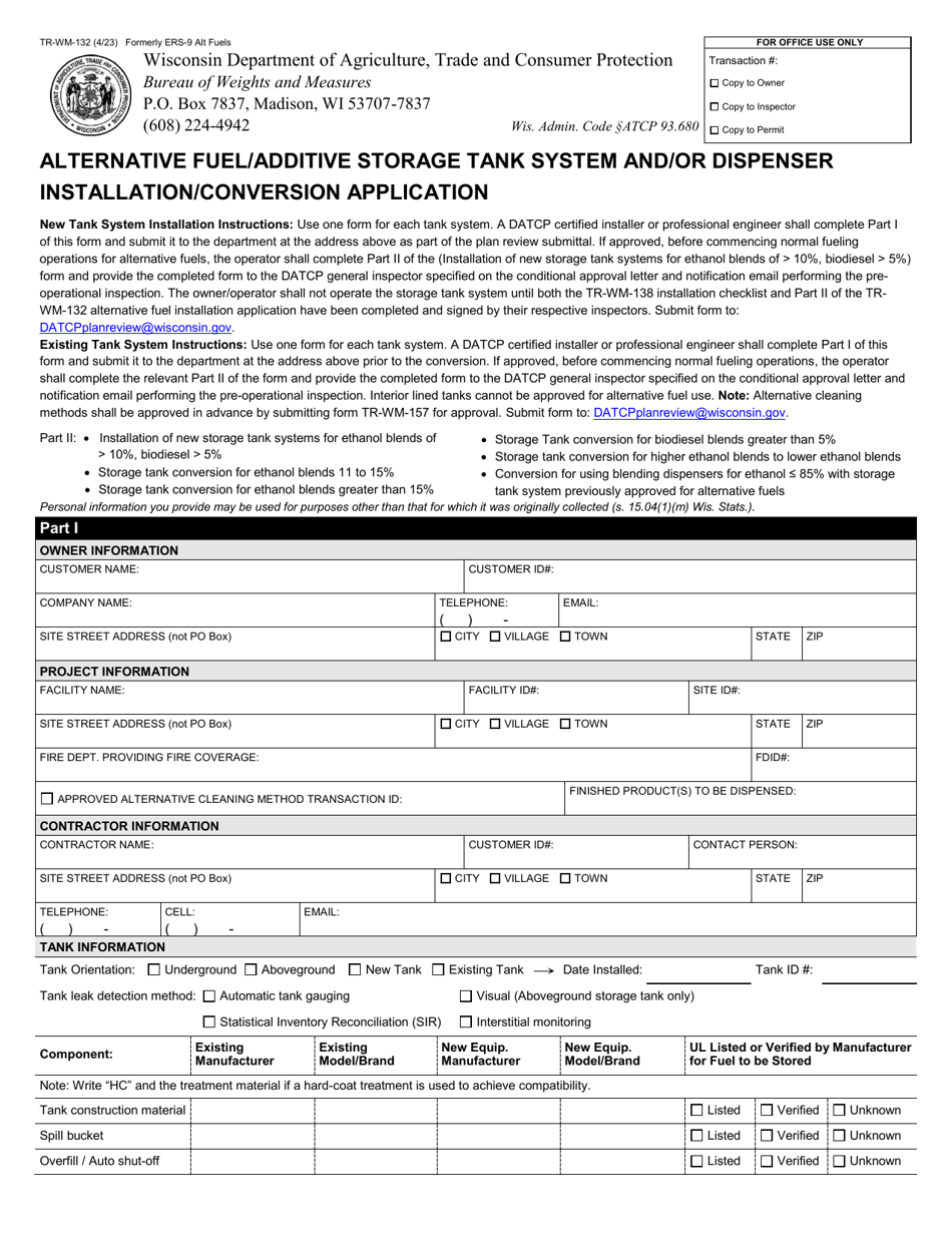 Form TR-WM-132 Alternative Fuel / Additive Storage Tank System and / or Dispenser Installation / Conversion Application - Wisconsin, Page 1