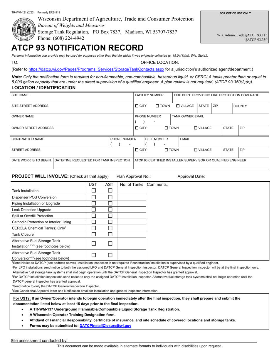 Form TR-WM-121 Atcp 93 Notification Record - Wisconsin, Page 1