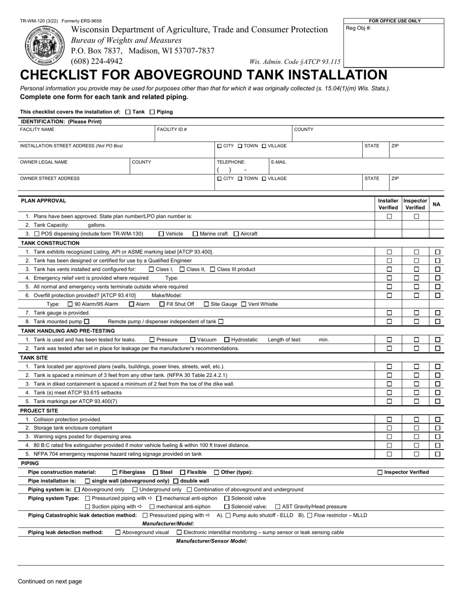 Form TR-WM-120 Checklist for Aboveground Tank Installation - Wisconsin, Page 1