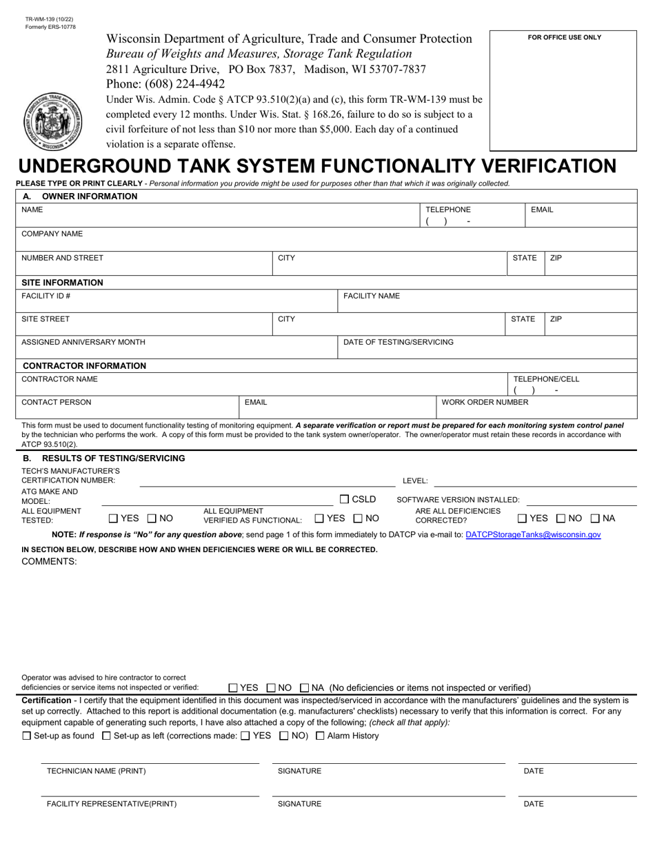 Form TR-WM-139 Underground Tank System Functionality Verification - Wisconsin, Page 1