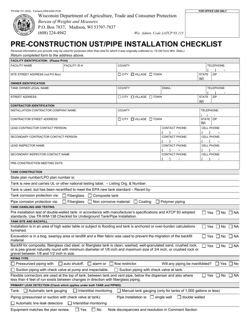 Form TR-WM-131 Pre-construction Ust/Pipe Installation Checklist - Wisconsin
