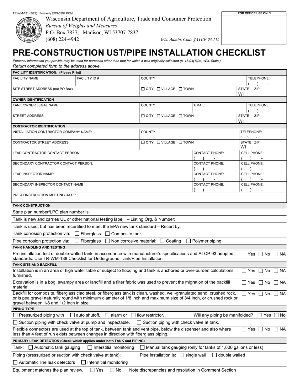 Form TR-WM-131 Pre-construction Ust / Pipe Installation Checklist - Wisconsin, Page 1