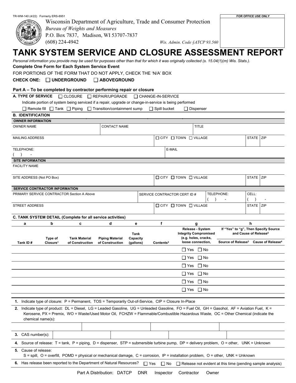 Form TR-WM-140 Tank System Service and Closure Assessment Report - Wisconsin, Page 1