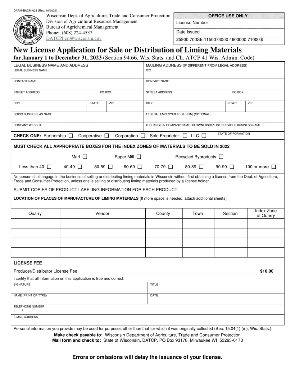 Form DARM-BACM-028 New License Application for Sale or Distribution of Liming Materials - Wisconsin, Page 1