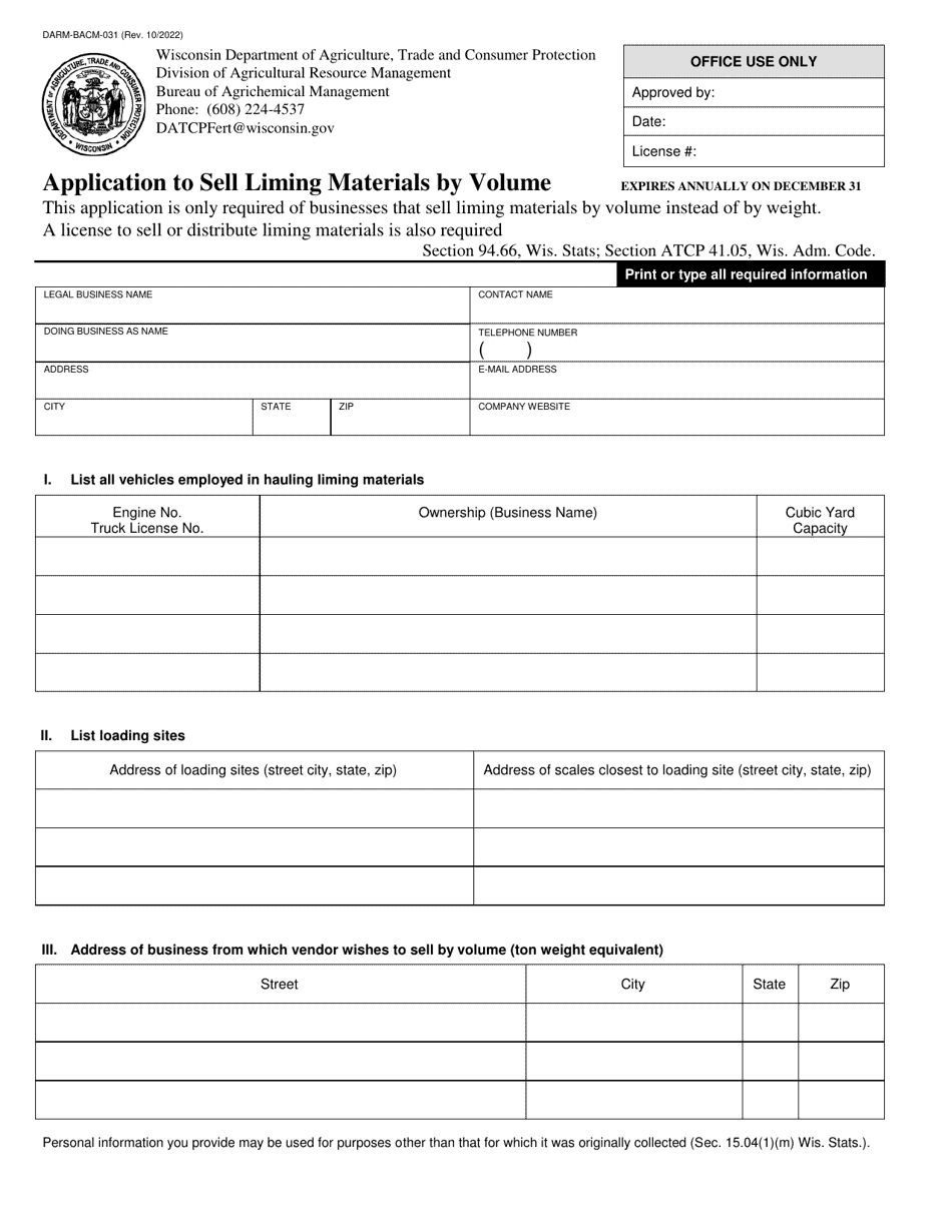 Form DARM-BACM-031 Application to Sell Liming Materials by Volume - Wisconsin, Page 1