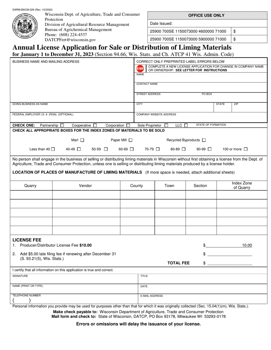 Form DARM-BACM-029 Annual License Application for Sale or Distribution of Liming Materials - Wisconsin, Page 1