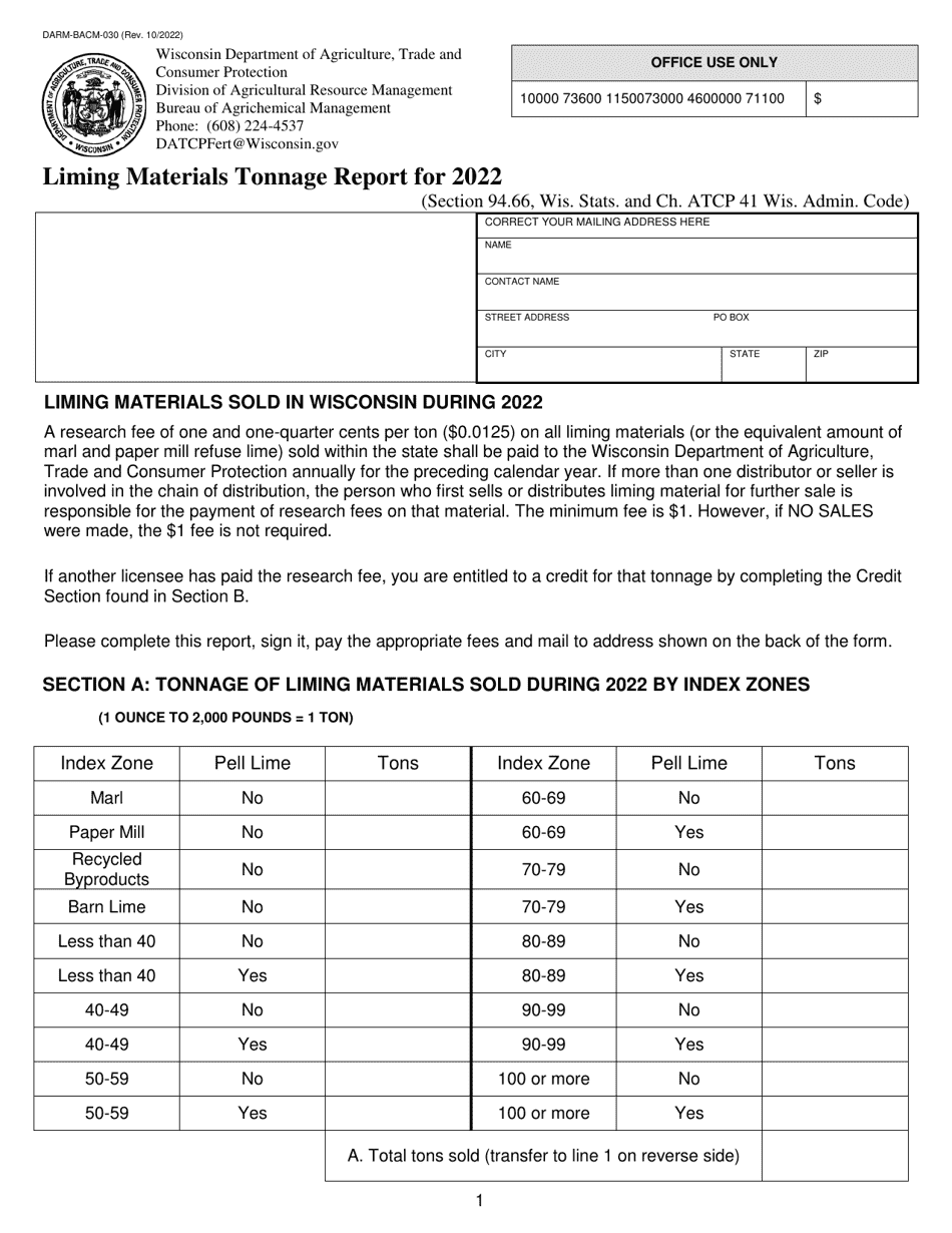 Form DARM-BACM-030 Liming Materials Tonnage Report - Wisconsin, Page 1