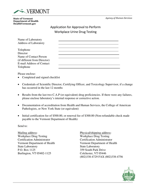 Application for Approval to Perform Workplace Urine Drug Testing - Vermont Download Pdf