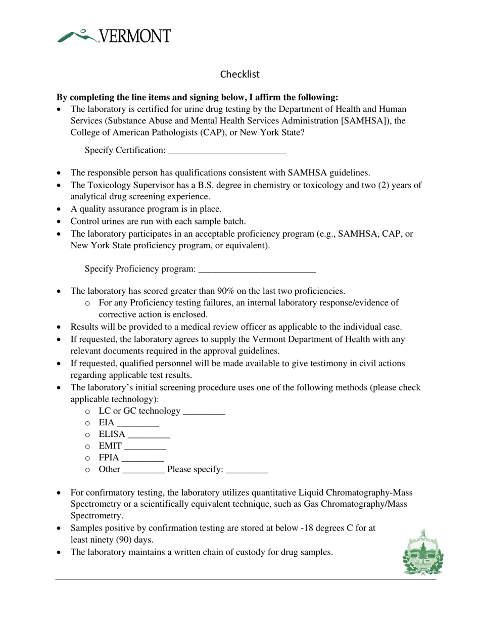 Application for Approval to Perform Workplace Urine Drug Testing - Vermont, Page 2