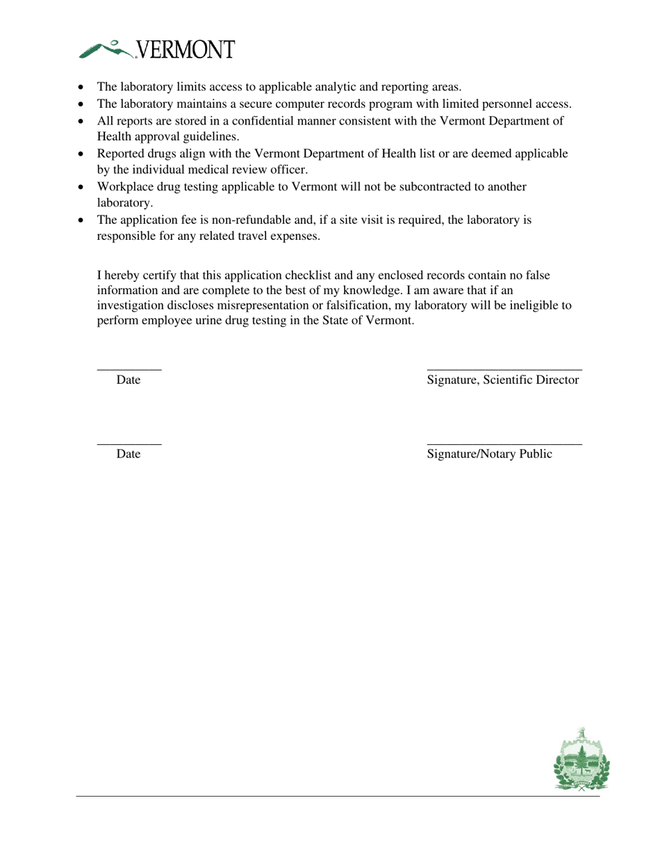 Application for Approval to Perform Workplace Urine Drug Testing - Vermont, Page 3