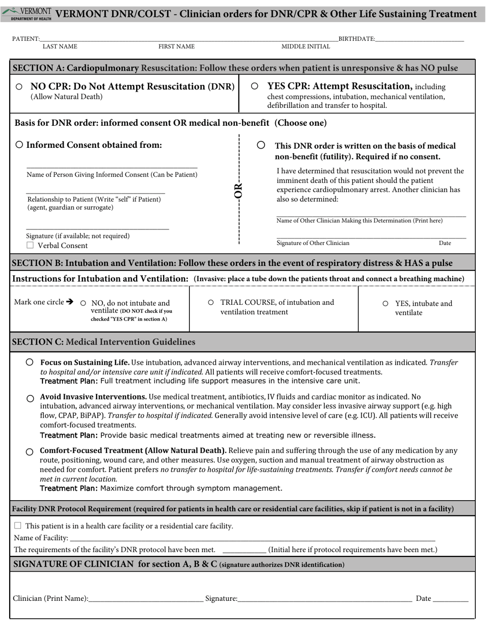 Vermont DNR / Colst - Clinician Orders for DNR / Cpr  Other Life Sustaining Treatment - Vermont, Page 1