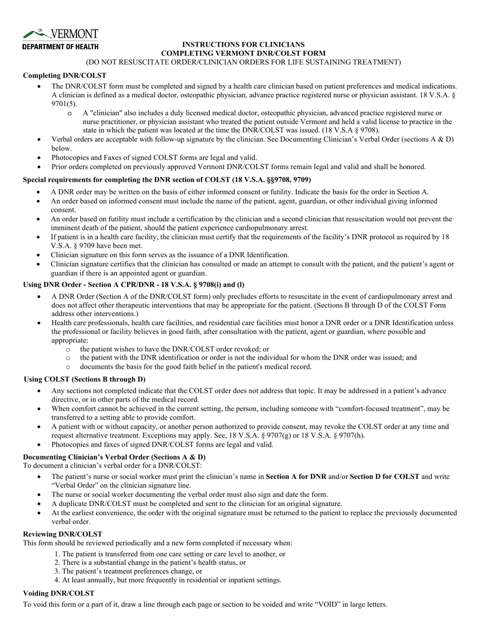 Vermont DNR / Colst - Clinician Orders for DNR / Cpr  Other Life Sustaining Treatment - Vermont, Page 3