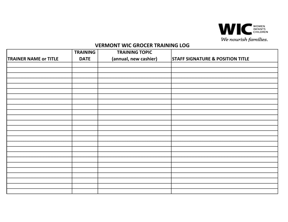 Vermont Wic Grocer Training Log - Vermont, Page 1