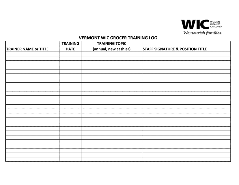 Vermont Wic Grocer Training Log - Vermont Download Pdf