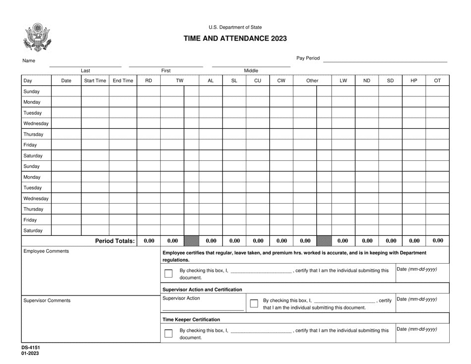 Form DS-4151 Time and Attendance, Page 1