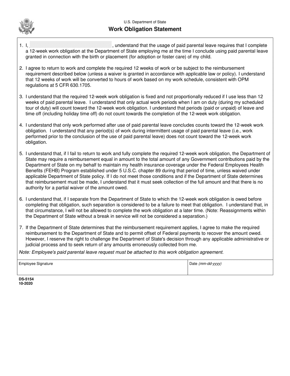 Form DS-5154 Work Obligation Statement, Page 1