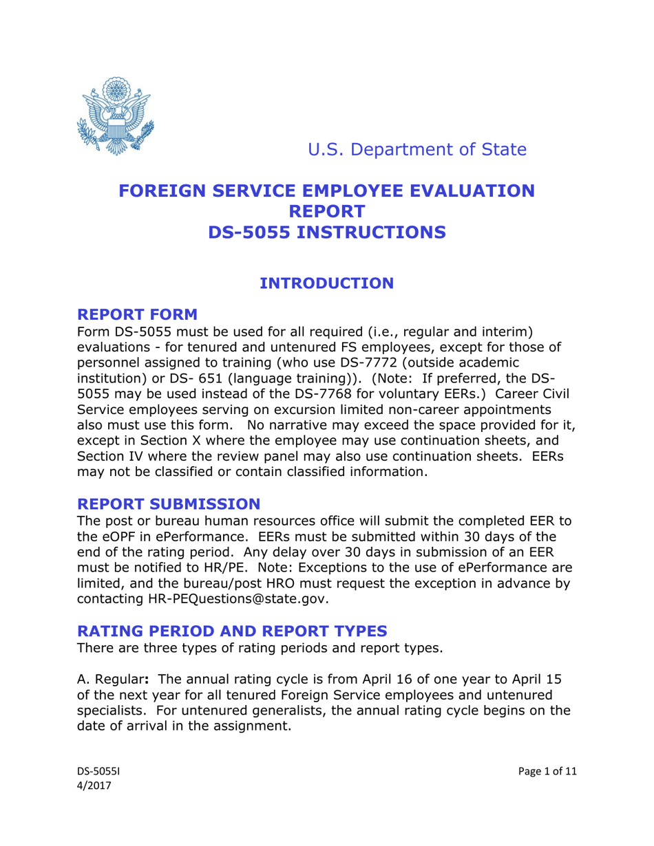 Instructions for Form DS-5055 U.S. Foreign Service Employee Evaluation Report, Page 1