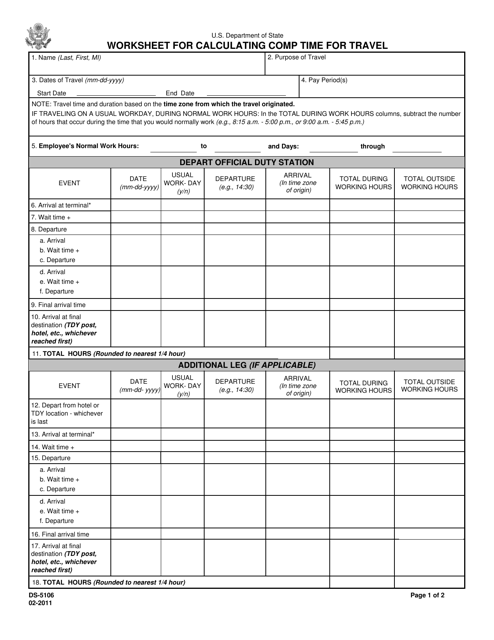Form DS-5106 Worksheet for Calculating Comp Time for Travel