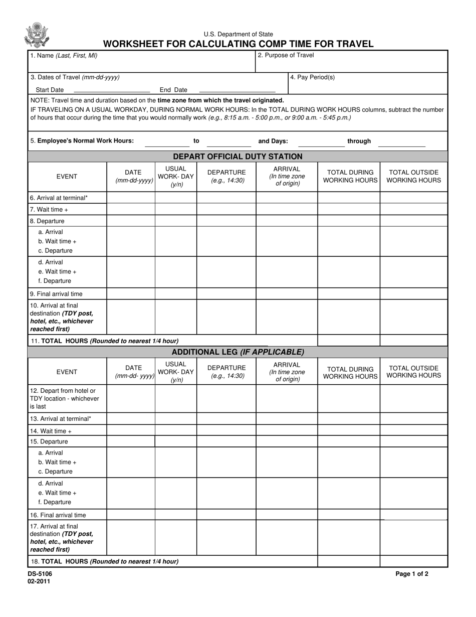 Form DS-5106 Worksheet for Calculating Comp Time for Travel, Page 1