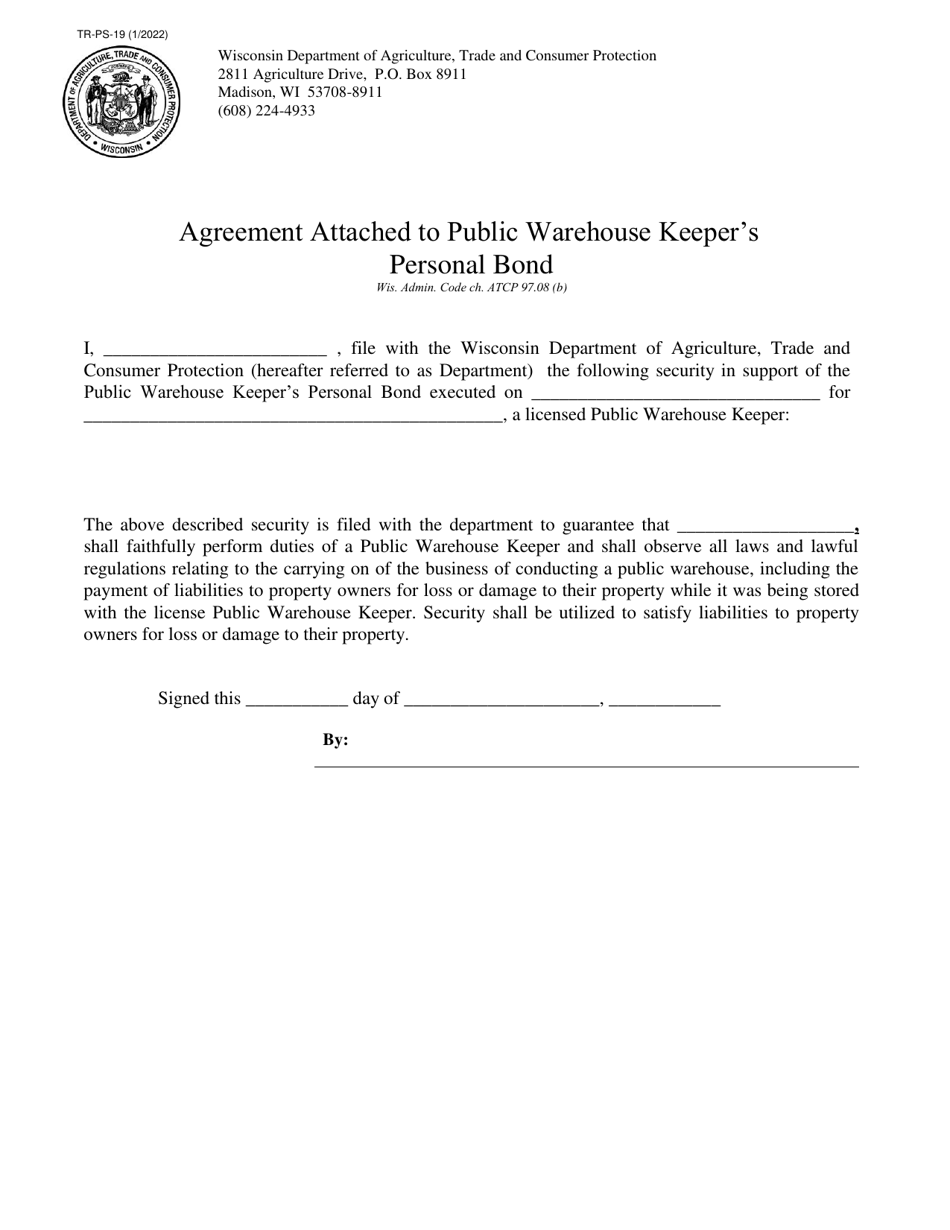 Form TR-PS-19 Agreement Attached to Public Warehouse Keepers Personal Bond - Wisconsin, Page 1